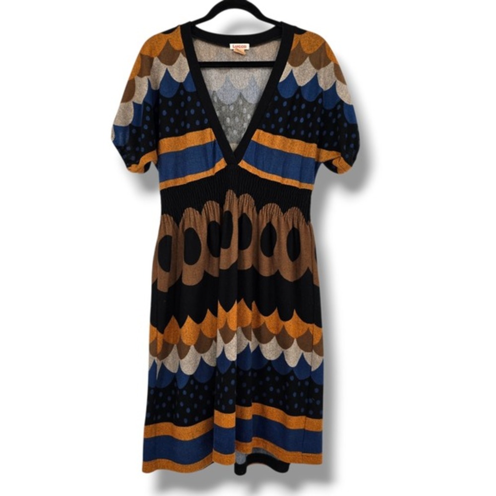 Lucca Women's V Neck Short Sleeve Dress Geometric Print‎ Smocked Waist Medium